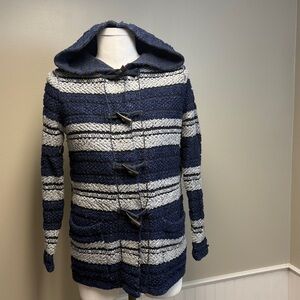 CHAPS Striped Hooded Knit Jacket Blue & White Barrel Toggle size small